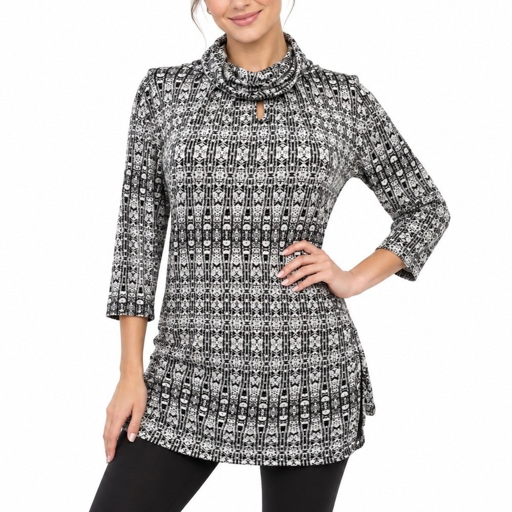 New York & Company Tunic Womens L Black White Cowl Neck Geometric Stretch Top